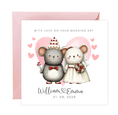 Personalised Wedding Card with Custom Couple's Names & Wedding Date – Cute Mouse Design - Wedding Congratulations Card for Newlywed couples, Animal Lovers, Him or Her - Pink Envelope Included
