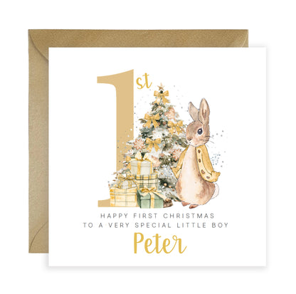 Personalised 1st Christmas Card for Baby Boy or Baby Girl – Golden Rabbit and Christmas Trees
