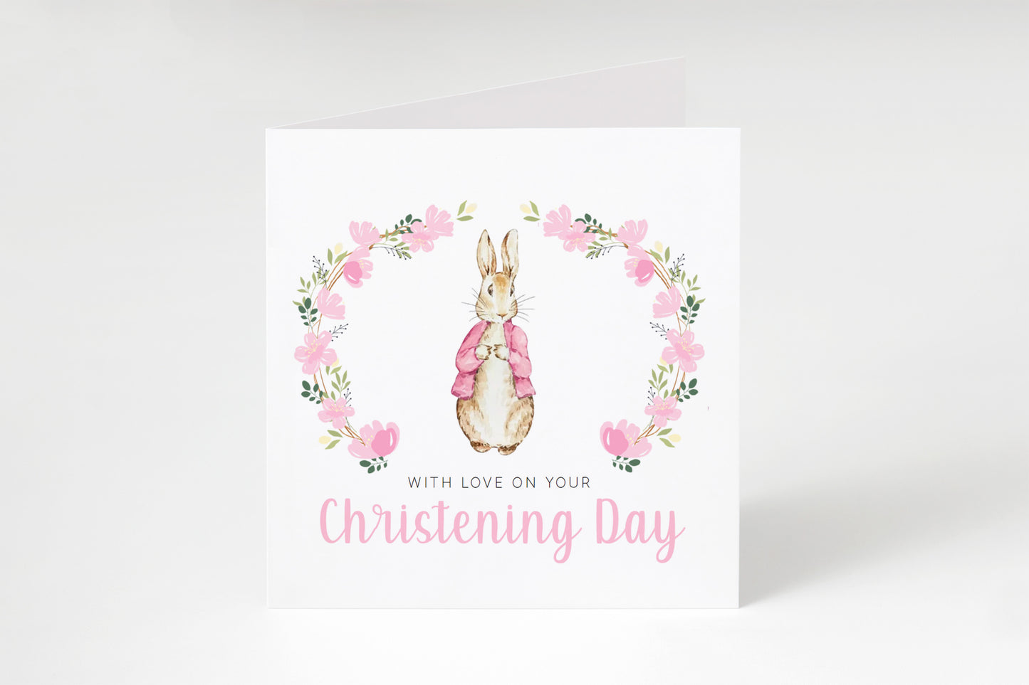 Christening Card for Girl – Floral Wreath Bunny Design –With Love on Your Christening Day -  Religious Baptism Card for Girls, Daughter, Granddaughter, Niece with Pink Envelope