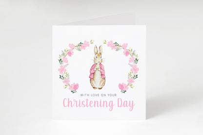 Christening Card for Girl – Floral Wreath Bunny Design –With Love on Your Christening Day -  Religious Baptism Card for Girls, Daughter, Granddaughter, Niece with Pink Envelope