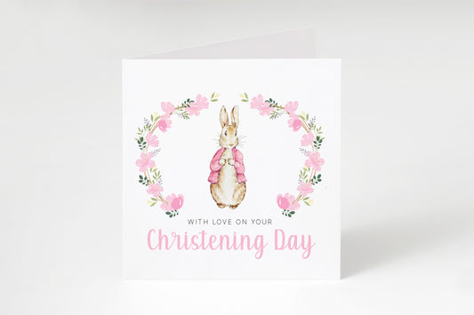 Christening Card for Girl – Floral Wreath Bunny Design –With Love on Your Christening Day -  Religious Baptism Card for Girls, Daughter, Granddaughter, Niece with Pink Envelope