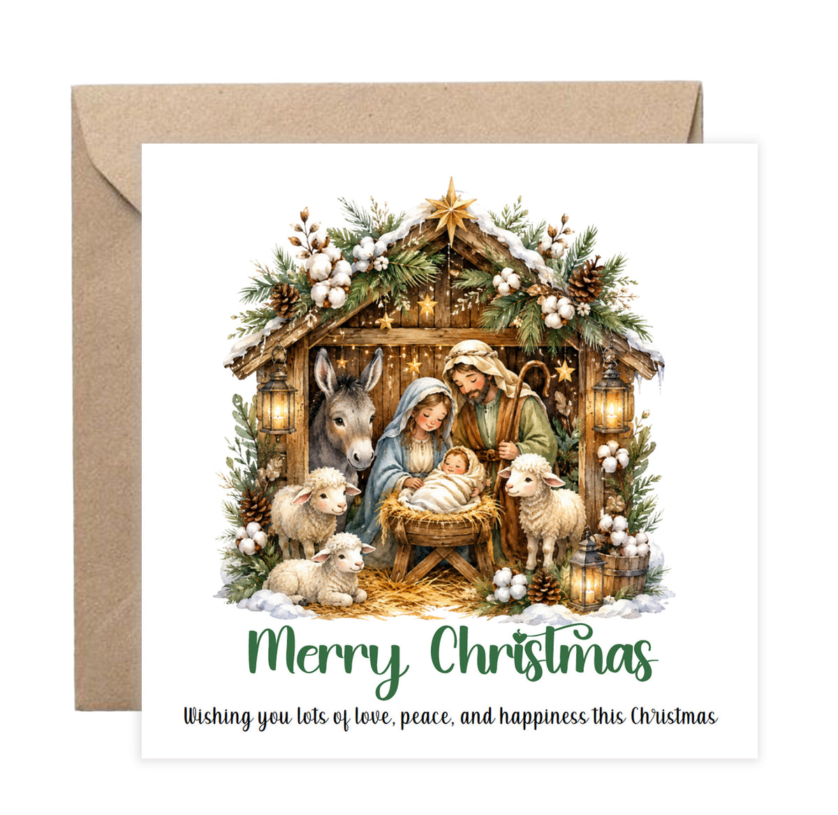 Nativity Christmas Card - Cute Sheep, Donkey, Baby Jesus Design - Elegant Religious Christmas Greeting Card