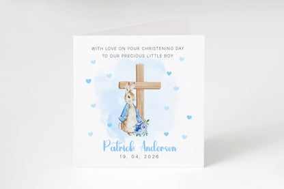 Personalised Christening Card for Boy – Custom Baptism Card with Message, Name & Date -  Blue Bunny Cross – Baptism Card for Boys, Son, Grandson, Nephew with Blue Envelope