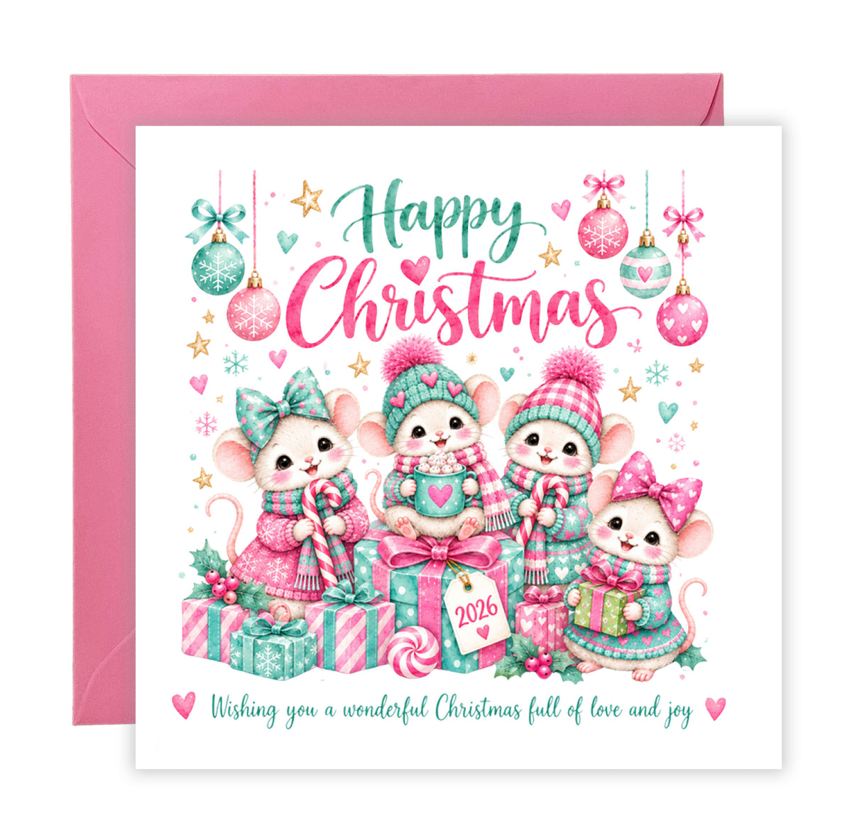 Cute Christmas Card for Girls – Christmas Mice with Pink & Mint Festive Design