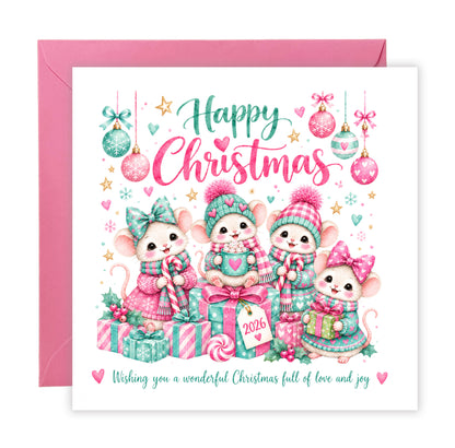 Cute Christmas Card for Girls – Christmas Mice with Pink & Mint Festive Design