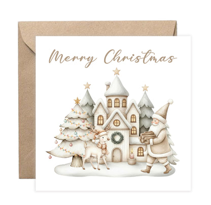 Beige Christmas Card for Him or for Her – Santa & Reindeer