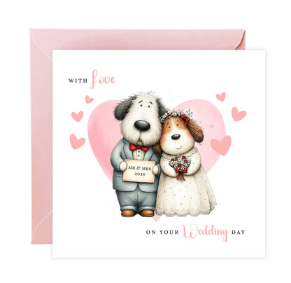 Cute Dog Wedding Card – Wedding Congratulations Card – Adorable Animal Wedding Card – Romantic Wedding Day Card for Newlywed couples, Dog Lovers, Him or Her – Pink Envelope Included