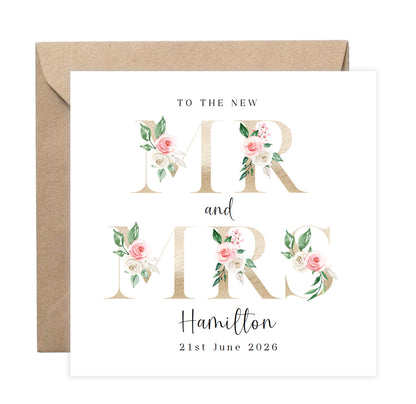 Personalised Mr & Mrs Wedding Card – Custom Surname & Wedding Date – Gold Effect Floral Letters Design - Wedding Congratulations Card for Newlywed couples, Him or Her - Kraft Envelope Included