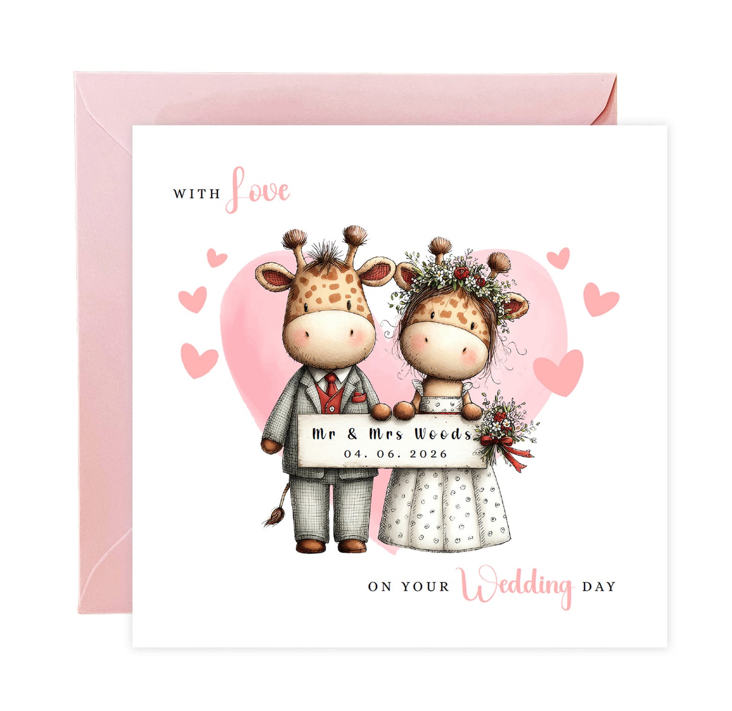 Personalised Wedding Card with Custom Couple's Names & Wedding Date – Cute Giraffe Design - Wedding Congratulations Card for Newlywed couples, Animal Lovers, Him or Her - Pink Envelope Included