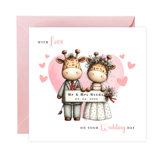 Personalised Wedding Card with Custom Couple's Names & Wedding Date – Cute Giraffe Design - Wedding Congratulations Card for Newlywed couples, Animal Lovers, Him or Her - Pink Envelope Included