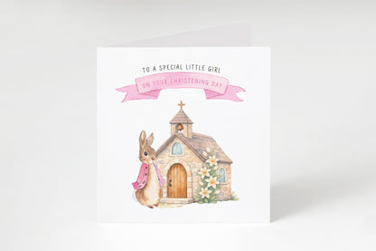 Christening Day/ Baptism Card for Girl – Cute Bunny & Church Design – To a Special Little Girl Baptism Card Christening Card for Girls, Daughter, Granddaughter, Niece with Pink Envelope