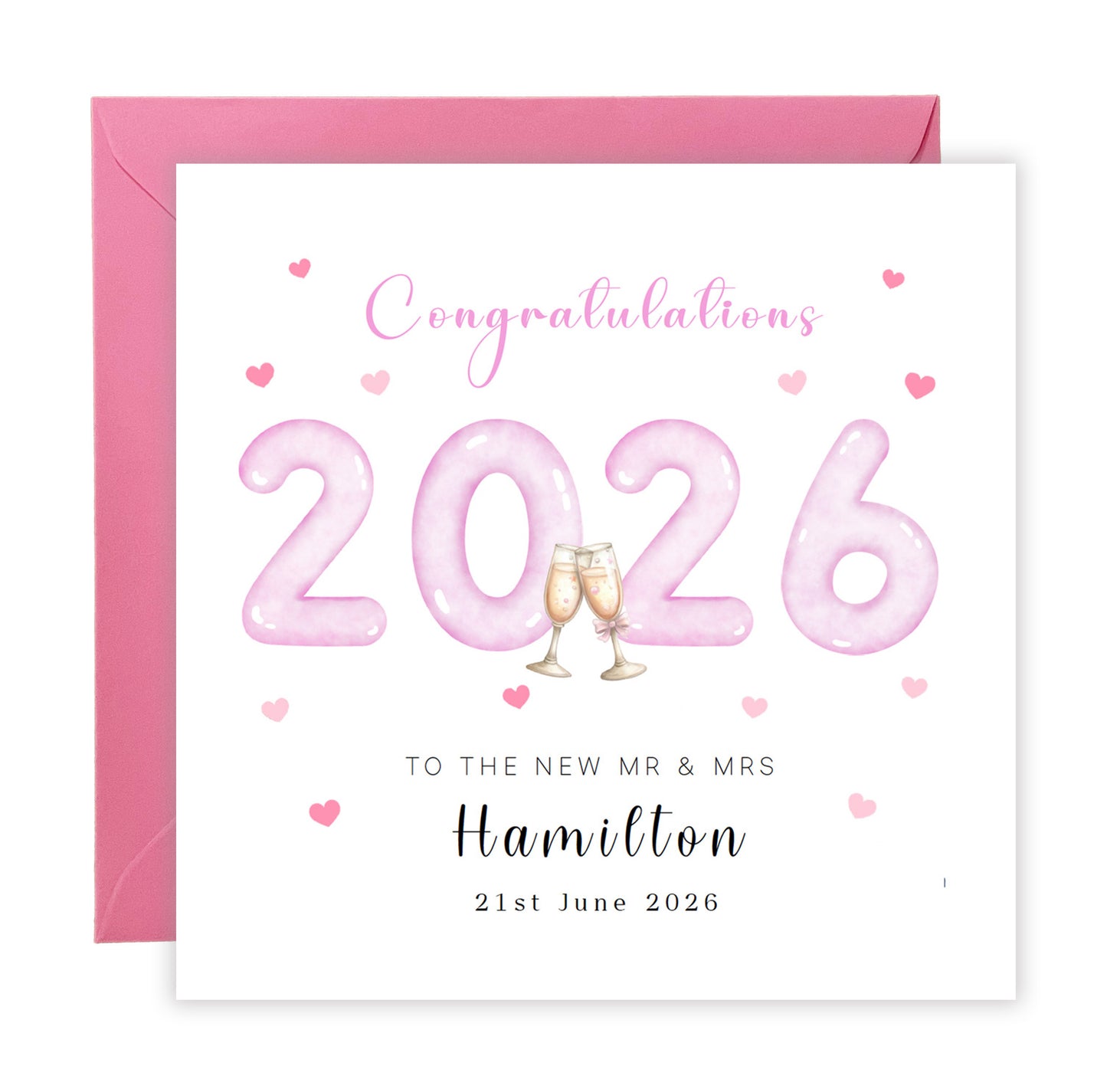 Personalised 2026 Wedding Card - Custom Couple's Surname & Wedding Date – Pink 2026 with Champagne Toast Design - Wedding Congratulations Card for Newlywed couples, Him or Her - Pink Envelope Included