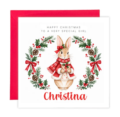 Personalised Christmas Card for Girls – Festive Bunny and Xmas Wreath