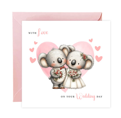 Cute Koala Wedding Card – Wedding Congratulations Card – Adorable Animal Wedding Card – Romantic Wedding Day Card for Newlywed couples, Animal Lovers, Him or Her – Pink Envelope Included