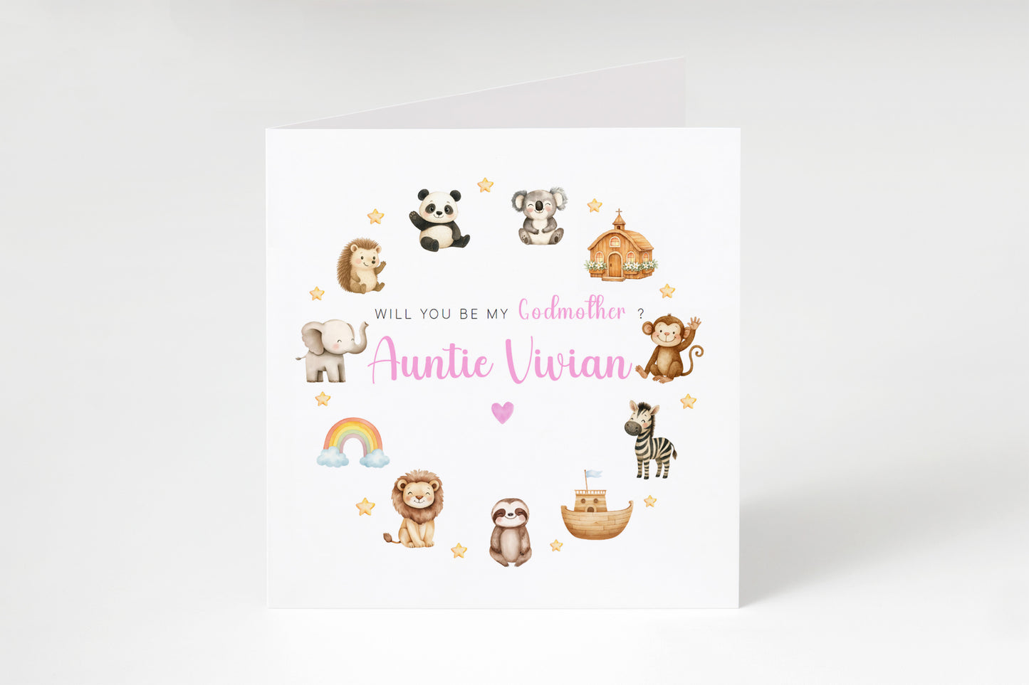 Personalised Godmother Proposal Card -  Will You Be My Godmother Card - Cute Animals Godmother Ask Card - Personalised Baptism Christening Day Proposal Card - Pink Envelope Included