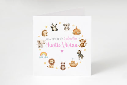 Personalised Godmother Proposal Card -  Will You Be My Godmother Card - Cute Animals Godmother Ask Card - Personalised Baptism Christening Day Proposal Card - Pink Envelope Included