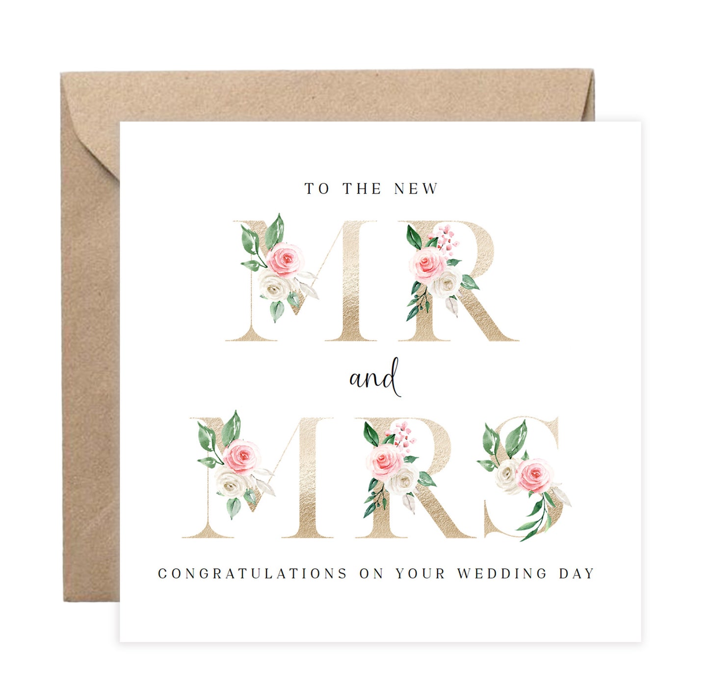 New Mr & Mrs Wedding Card  – Elegant Gold Effect Floral Letters Design - Romantic Wedding Congratulations Keepsake Card for Newlywed couples, Him or Her - Kraft Envelope Included