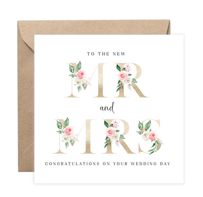 New Mr & Mrs Wedding Card  – Elegant Gold Effect Floral Letters Design - Romantic Wedding Congratulations Keepsake Card for Newlywed couples, Him or Her - Kraft Envelope Included