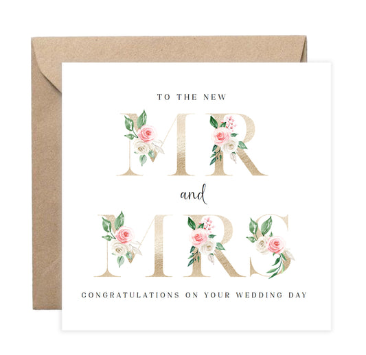 New Mr & Mrs Wedding Card  – Elegant Gold Effect Floral Letters Design - Romantic Wedding Congratulations Keepsake Card for Newlywed couples, Him or Her - Kraft Envelope Included