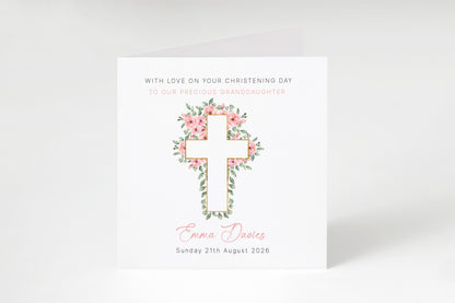 Personalised Christening Card for Girl – Custom Baptism Card with Message, Name & Date - Roses Cross Design – Religious Baptism Card for Girls, Daughter, Granddaughter, Niece - Pink Envelope Included