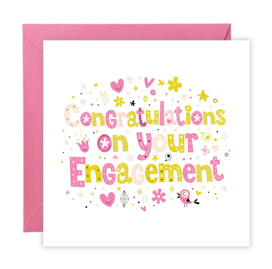Cute & Fun Engagement Card with Colourful Typography  - Congratulations on your Engagement Card - Engagement Congratulations Card for Newly Engaged Couple - Pink Envelope Included