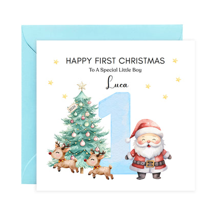 Personalised 1st Christmas Card for Baby Boy – Cute Santa, Reindeer and  Christmas Tree Design with Customised Name & Message, Watercolor First Xmas Card for Son, Grandson, Nephew - Blue  Envelope Included