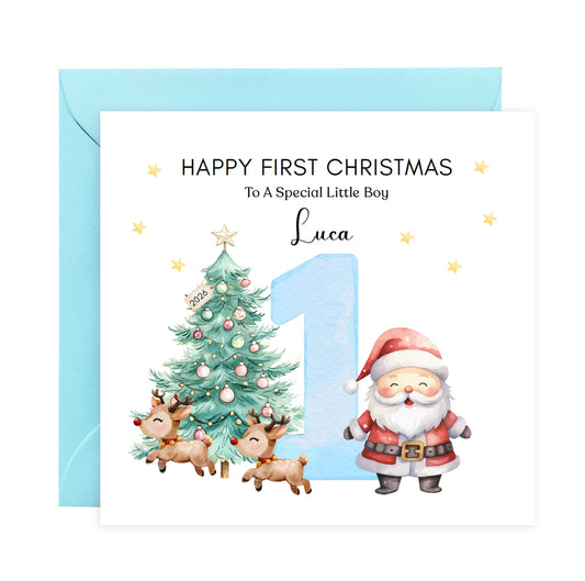 Personalised 1st Christmas Card for Baby Boy – Cute Santa, Reindeer and  Christmas Tree Design with Customised Name & Message, Watercolor First Xmas Card for Son, Grandson, Nephew - Blue  Envelope Included