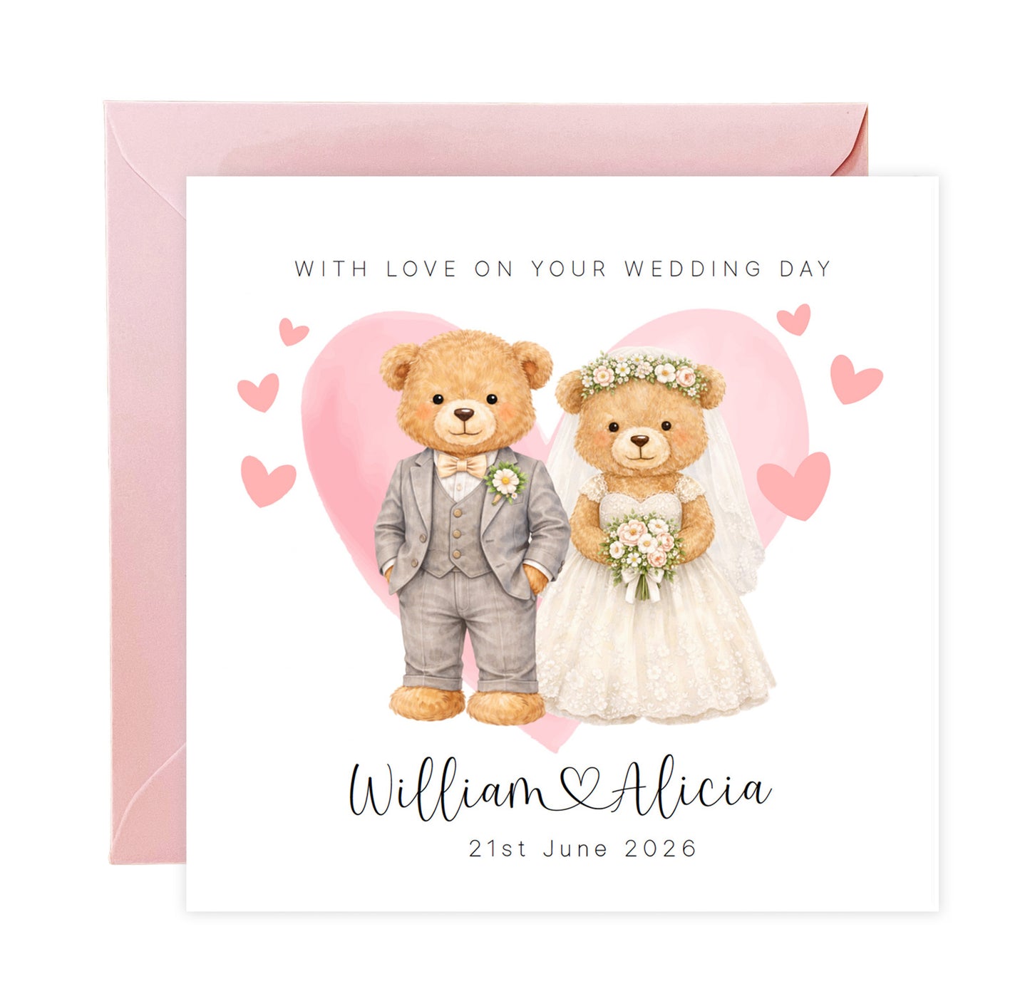 Personalised Wedding Card for Bride & Groom with Custom Names & Date -  Cute Teddy Bear Design Wedding Greeting Keepsake Card for Him or Her - Pink Envelope Included