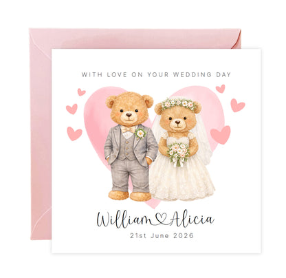 Personalised Wedding Card for Bride & Groom with Custom Names & Date -  Cute Teddy Bear Design Wedding Greeting Keepsake Card for Him or Her - Pink Envelope Included