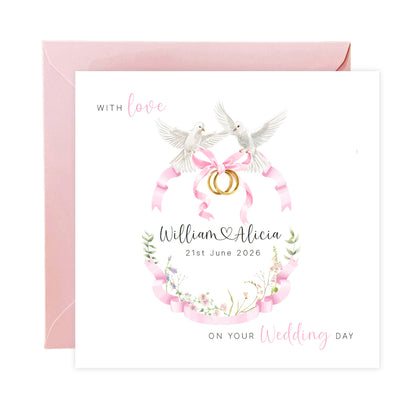 Personalised Wedding Card for Bride & Groom with Custom Names & Date -  Romantic Dove & Rings Design - Wedding Greeting Keepsake Card for Him or Her - Pink Envelope Included