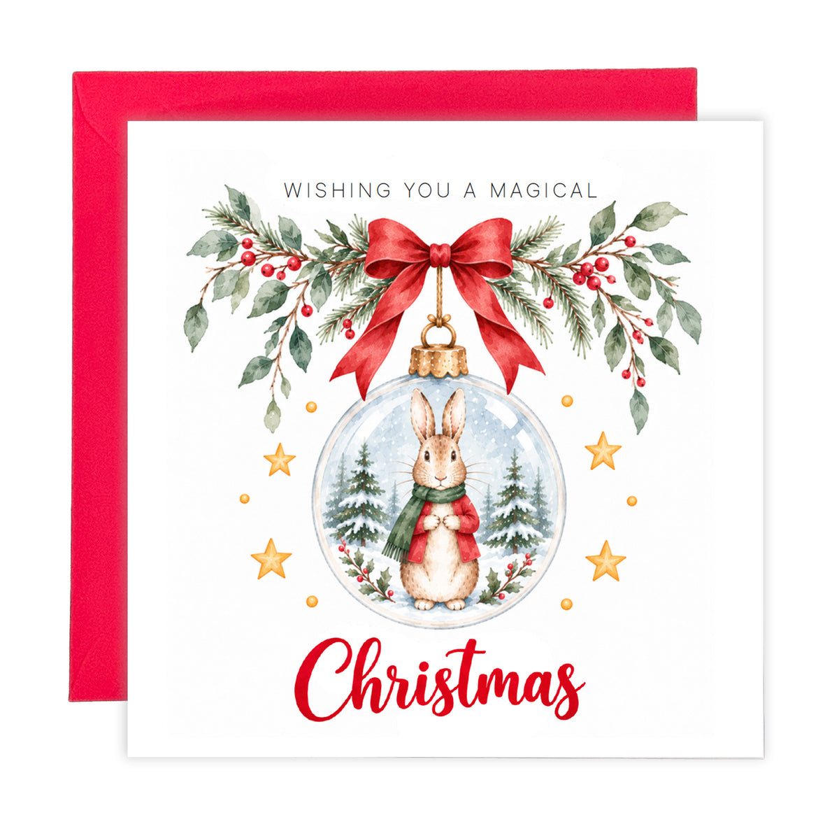 Festive Christmas card for Boys – Red Bunny in a Christmas Bauble