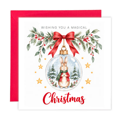 Festive Christmas card for Boys – Red Bunny in a Christmas Bauble