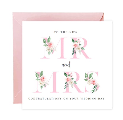 New Mr & Mrs Wedding Card  – Elegant Floral Letters Design - Romantic Wedding Congratulations Keepsake Card for Newlywed couples, Him or Her - Pink Envelope Included