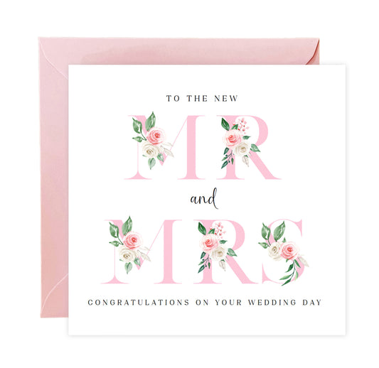 New Mr & Mrs Wedding Card  – Elegant Floral Letters Design - Romantic Wedding Congratulations Keepsake Card for Newlywed couples, Him or Her - Pink Envelope Included