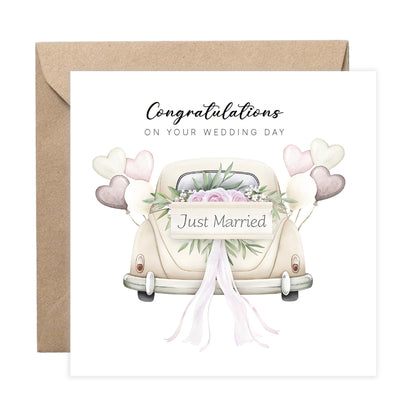 Elegant Wedding Car Wedding Card - Romantic Wedding Congratulations Card for Newlywed Couples, for Him or for Her - Kraft Envelope Included