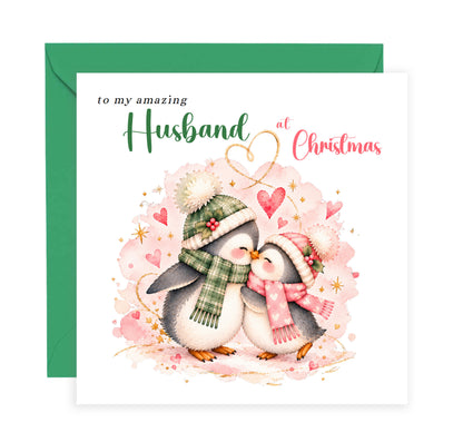 Merry Christmas Card for Husband  – Cute Penguin Couple Christmas Card
