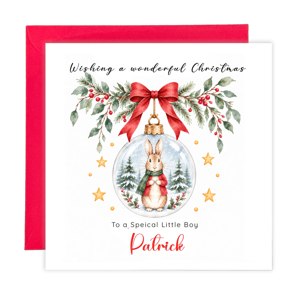 Personalised Christmas card for Boys – Red Bunny in a Christmas Bauble