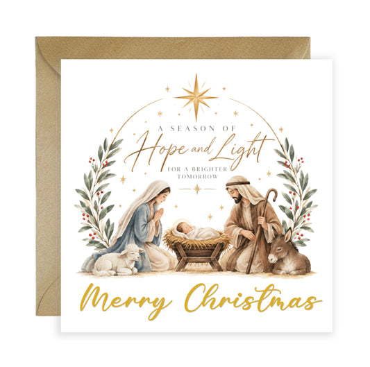 Nativity Christmas Card - Mary, Joseph, Baby Jesus and Twinkling Stars Design - Elegant Religious Christmas Greeting Card