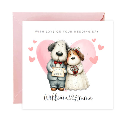 Personalised Wedding Card –with Custom Couple's Names & Wedding Date – Cute Dogs Design - Wedding Congratulations Card for Newlywed couples, Dog Lovers, Him or Her - Pink Envelope Included