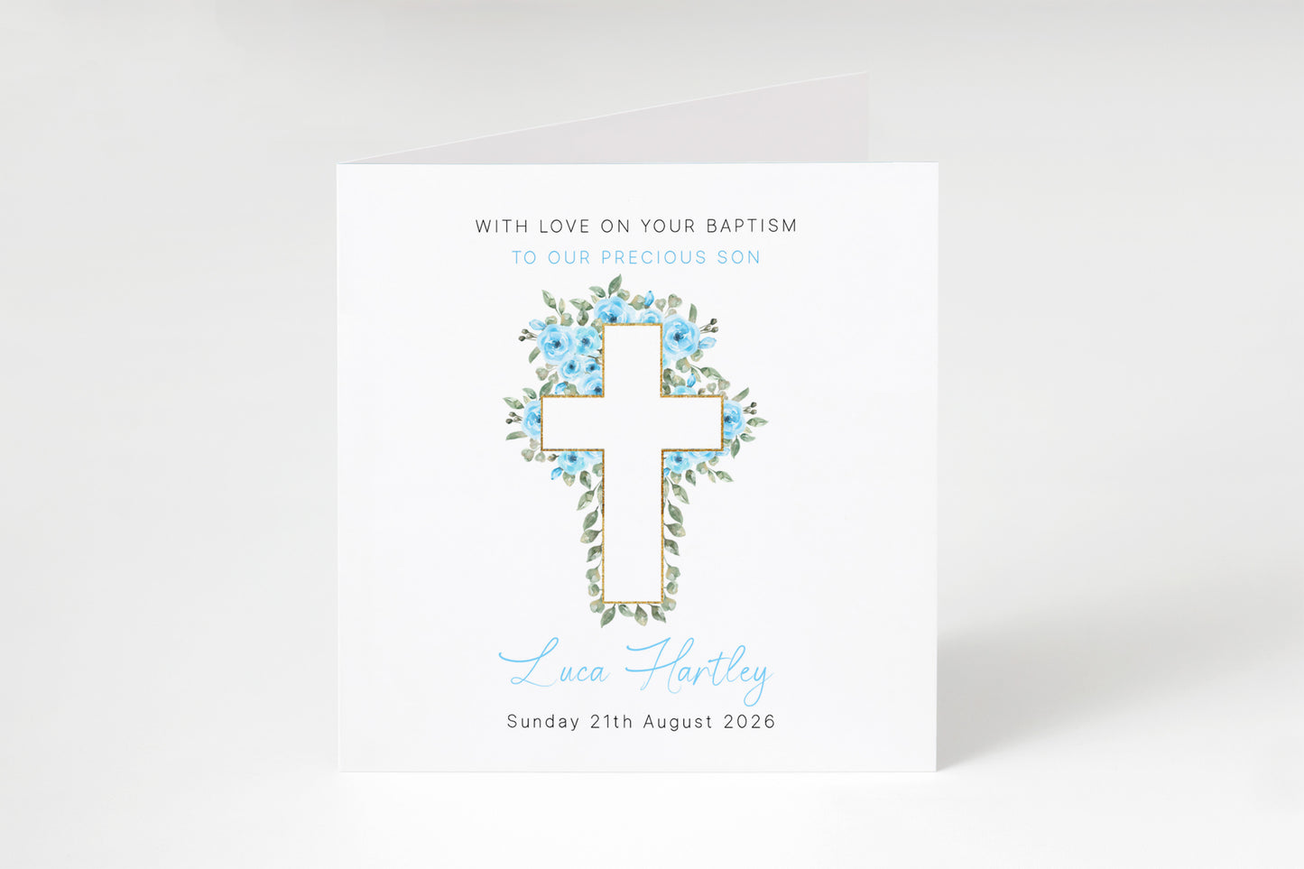 Personalised Christening Card for Boy – Custom Baptism Card with Message, Name & Date - Roses & Cross Design – Religious Baptism Card for Boys, Son, Grandson, Nephew with Blue Envelope