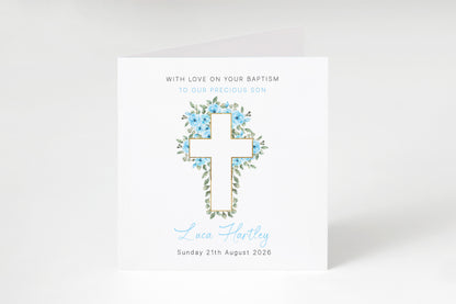 Personalised Christening Card for Boy – Custom Baptism Card with Message, Name & Date - Roses & Cross Design – Religious Baptism Card for Boys, Son, Grandson, Nephew with Blue Envelope