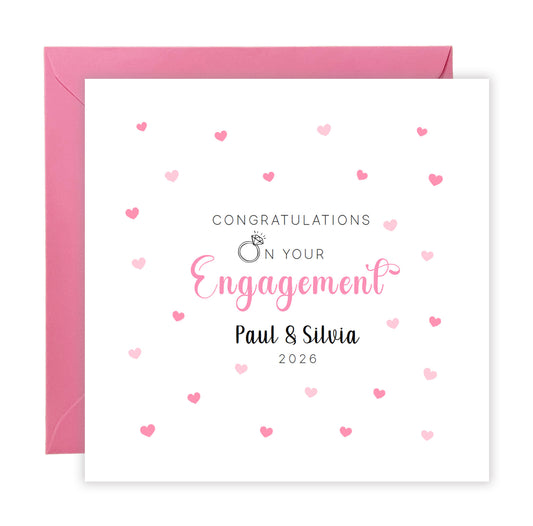 2026 Personalised Engagement Card with Custom Couple's Name – Congratulations on Your Engagement Card for Newly Engaged Couples, Him or Her - Pink Envelope Included
