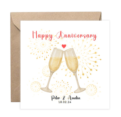 Personalised Anniversary Card - Elegant Champagne Design - Custom Couple's Names and Anniversary Date for Wedding, Relationship, Him, Her, Wife, Husband, Partner, Couple - Kraft Envelope Included