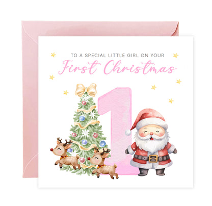 Happy 1st Christmas Card for Baby Girl– Cute Santa and Xmas Tree Design - First Xmas Card for Daughter, GrandDaughter, Niece - Pink Envelope Included