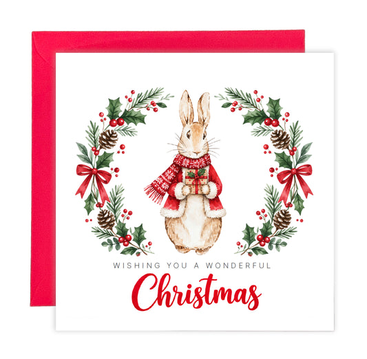 Red Rabbit and Wreath Christmas Card – Wishing You a Wonderful Christmas