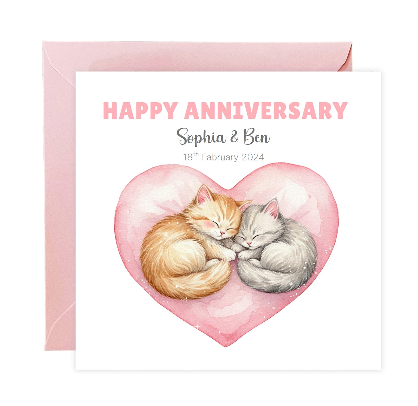 Personalised Cute Cats Anniversary Card - Custom Couple Names & Date for Wedding, 1st, 2nd,10th, 20th - For Cat Lovers, Him, Her, Wife, Husband - Pink Envelope Included