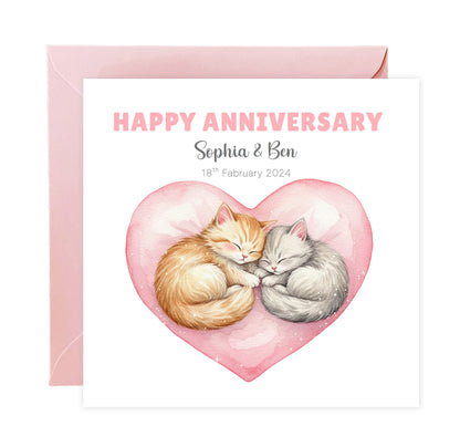 Personalised Cute Cats Anniversary Card - Custom Couple Names & Date for Wedding, 1st, 2nd,10th, 20th - For Cat Lovers, Him, Her, Wife, Husband - Pink Envelope Included