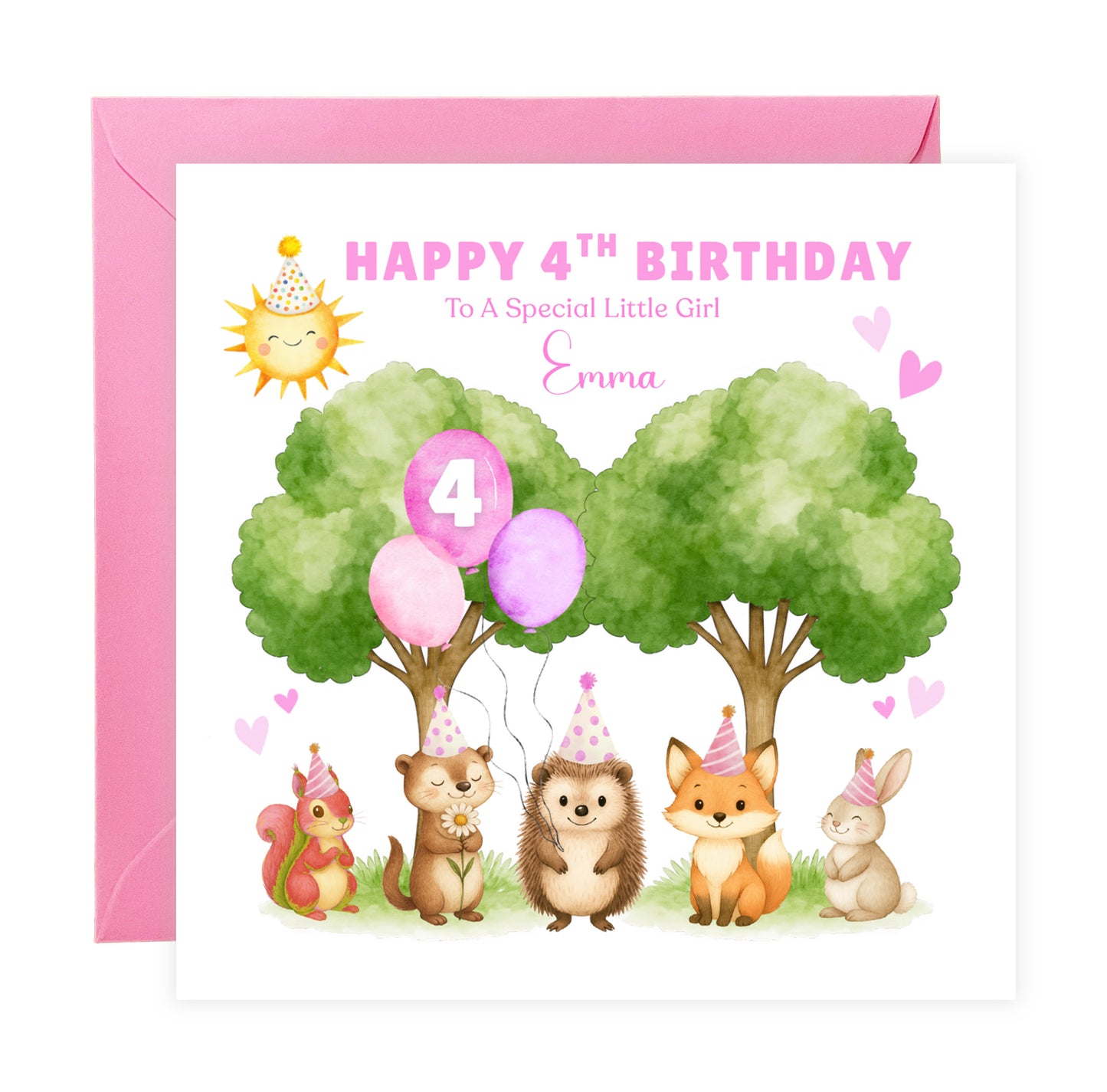 Personalised 4 Years Old 4th Birthday Card for Toddler Girls – Forest Animal Design with Custom Name & Message - Age 4 Woodland Birthday Card for Kids Daughter Granddaughter Niece with Pink Envelope