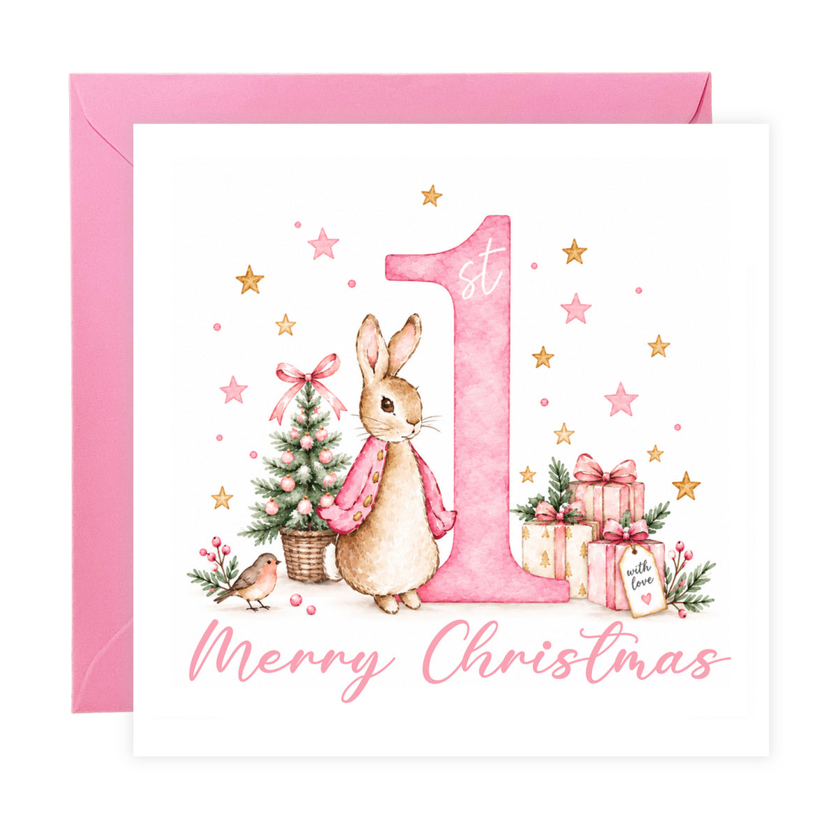 1st Christmas Card for Baby Girls – Cute Pink Rabbit and Number 1
