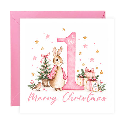 1st Christmas Card for Baby Girls – Cute Pink Rabbit and Number 1